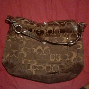 Brown leather and fabric Signature Coach purse
